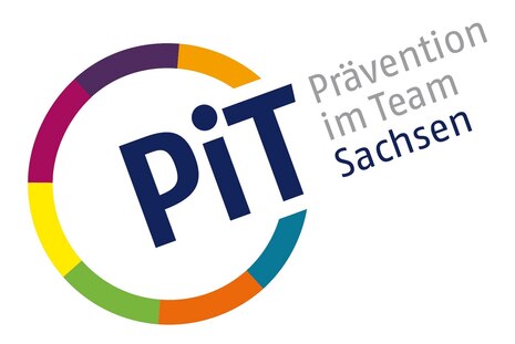 das PiT-Logo, bunter Kreis mit Abkürzung PiT und ausgeschriebener Bezeichnung "Prävention im Team"