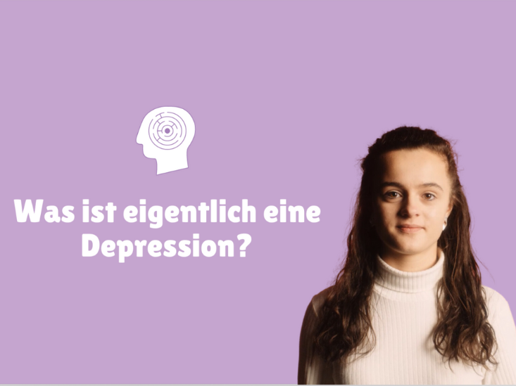 Auf dem Bild ist ein lila Video-Cover mit einem Mädchen zu erkennen. Neben ihr steht eine Frage in weichem, weißem Schriftzug: »Was ist eigentlich eine Depression?«