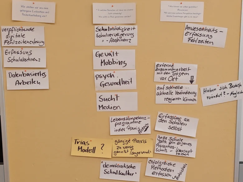 An einer Pinwand hängen weiße Karten mit Antworten zu Fragen nach Evaluation und Weiterentwicklung in Bezug auf PiT.