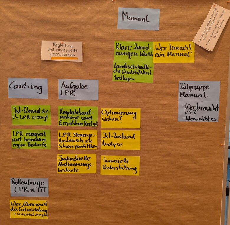 An einer Pinnwand hängen bunte Karten als Antwort auf die Frage nach Begleitung und landesweiten Koordination im Rahmen von PiT.