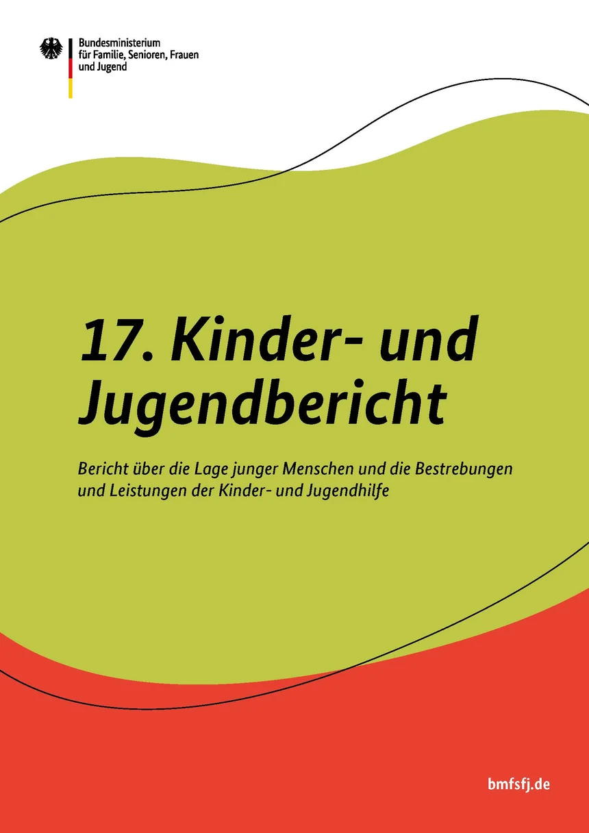 Titelbild des Berichts. In der oberen linken Ecke ist das Logo des BMFSFJ zusehen. In der rechten unteren Ecke die Webseite des Ministeriums. In der Mitte, auf weiß-grün-rotem Hintergrund steht die Überschrift "17. Kinder- und Jugendbericht".