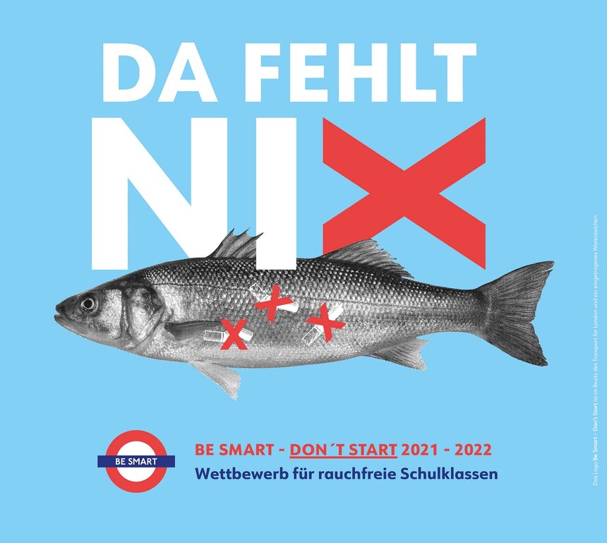 Das Bild behinhaltet den Text, da fehlt nix mit einem Fisch und dem Wettbewerbslogan Dont start be smart