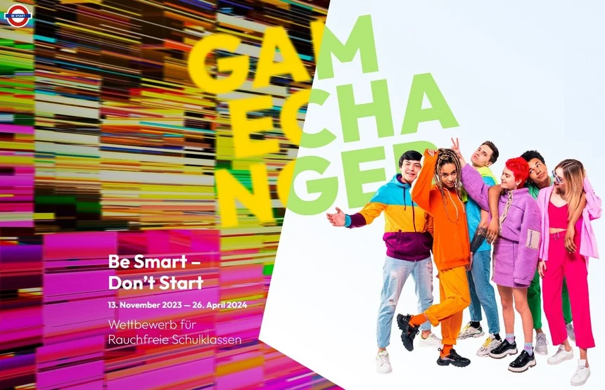 Titelbild des diesjährigen Wettbewerbs mit dem Titel "Gamechanger". Auf der linken Seite sind viele bunte horizontale Streifen, auf der rechten Seite sieht man 6 bunt gekleidete junge Menschen in einer Reihe.