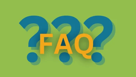 Auf grünem Hintergrund sind drei blaue Fragezeichen. Eine Ebene darüber steht in orangener Farbe "FAQ".