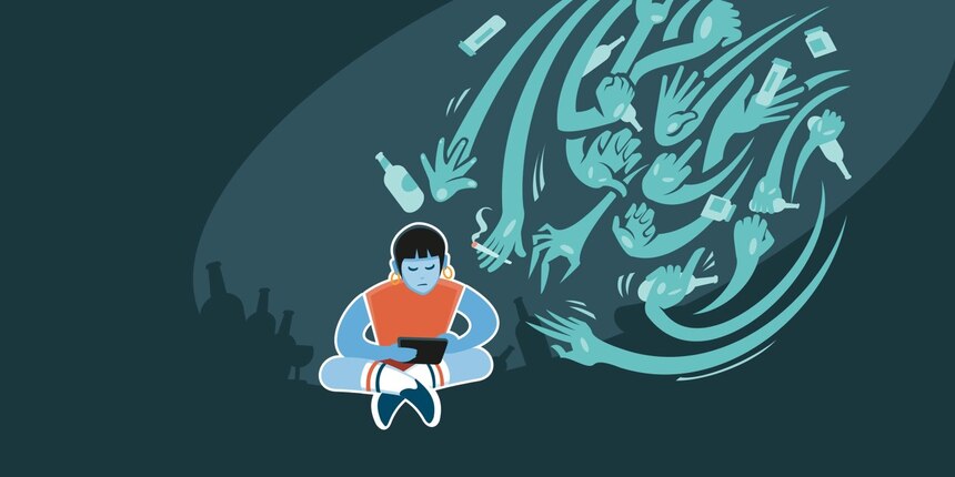 In der Mitte ist eine stilisierte Illustration einer Person, die im Schneidersitz sitzt und auf ein Handy schaut. Rechts daneben sind geisterhafte Hände mit Glasflaschen, Zigaretten und Tablettendosen.