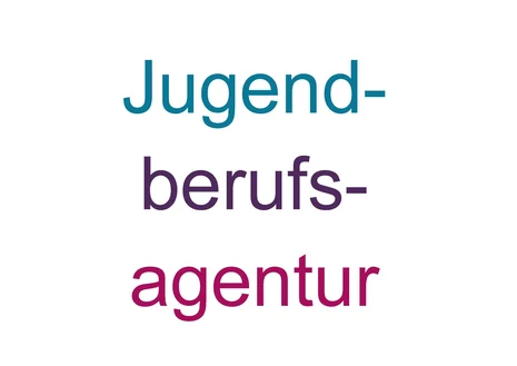 Über drei Zeilen steht "Jugendberufsagentur" in türkis, violett und magenta.