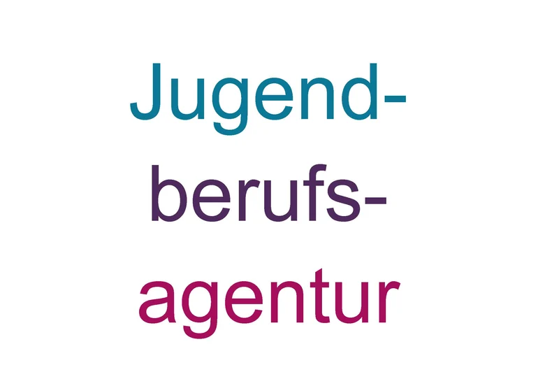 Über drei Zeilen steht "Jugendberufsagentur" in türkis, violett und magenta.