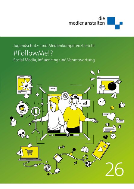 Titelbild des Berichts mit grünem Hintergrund, zwei Personen in der Mitte und Symbolen um sie herum wie Handys, Chats, Emojis usw.