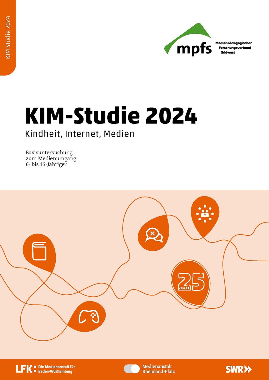 Titelseite der Studie zum Thema Kindheit, Internet, Medien aus dem Jahr 2024. In der oberen Hälfte steht auf weißem Hintergrund der Titel sowie der Untertitel der Studie, oben rechts ist das Logo des Medienpädagogischen Forschungsverbunds Südwest zu sehen