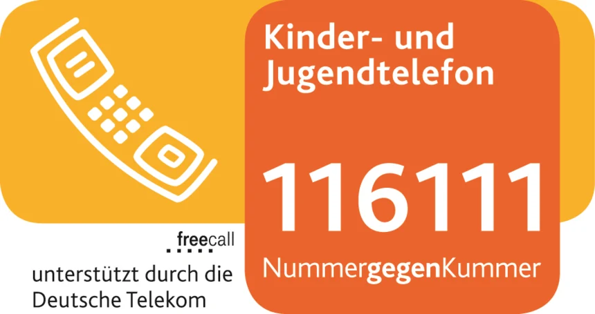 Links ist auf orangenem Hintergrund ein Telefon, rechts daneben auf dunkelorangenem Hintergrund steht "Kinder- und Jugendtelefon 116111, NummergegenKummer".