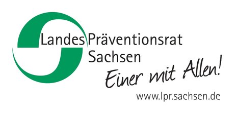 zeigt Logo-Grafik mit der Aufschrift LandesPräventionsrat Sachsen "einer mit allen" und www.lpr.sachsen.de