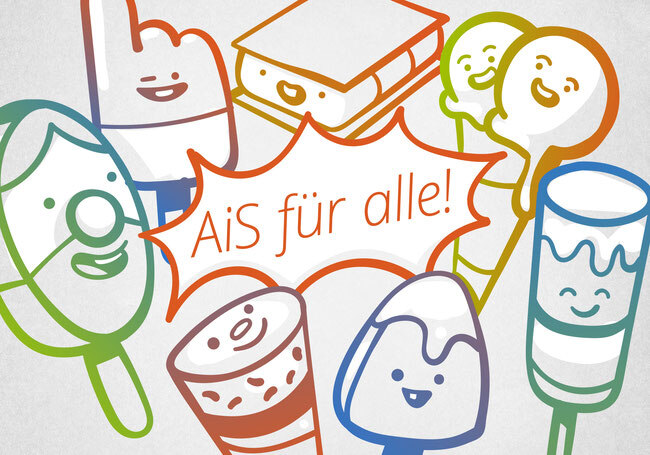 Grafik von verschiedenen bunten Eissorten mit lächelnden Gesichtern. In der Mitte dazwischen steht "AiS für alle!".