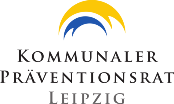 Logo vom Kommunalen Präventionsrat Leipzig zwei Bögen über der Schrift in blau und gelb
