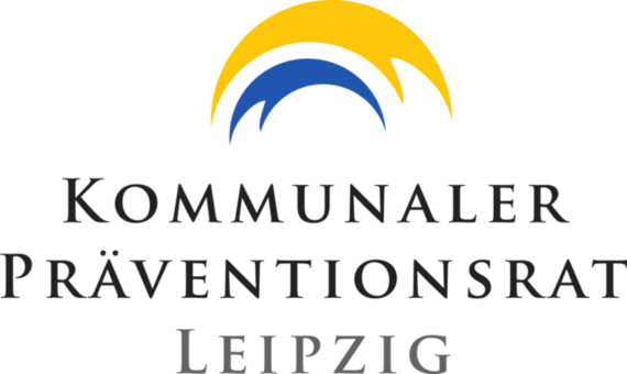 Logo vom Kommunalen Präventionsrat Leipzig zwei Bögen über der Schrift in blau und gelb