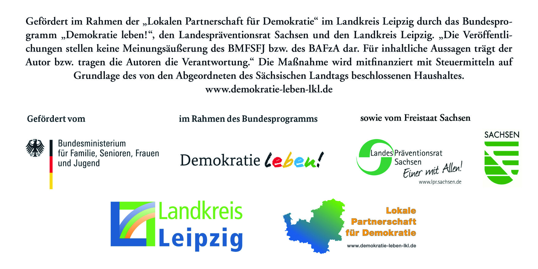 Logos von Bundesministerium für Familie, Senioren, Frauen und Jugend, Programm Demokratie leben, Landespräventionsrat, Landkreis Leipzig