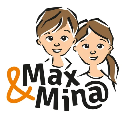 Im oberen Teil ist eine Zeichnung von einem Jungen und einem Mädchen. Darunter steht "Max & Min@".
