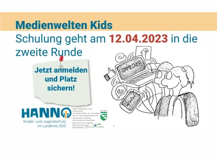 Oben steht "Medienwelten Kids. Schulung geht am 12.04.2023 in die zweite Runde". Darunter ist eine Zeichnung von zwei Personen an einem Computer.