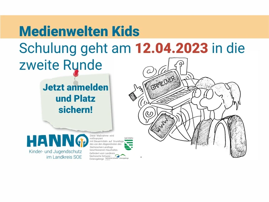 Oben steht "Medienwelten Kids. Schulung geht am 12.04.2023 in die zweite Runde". Darunter ist eine Zeichnung von zwei Personen an einem Computer.