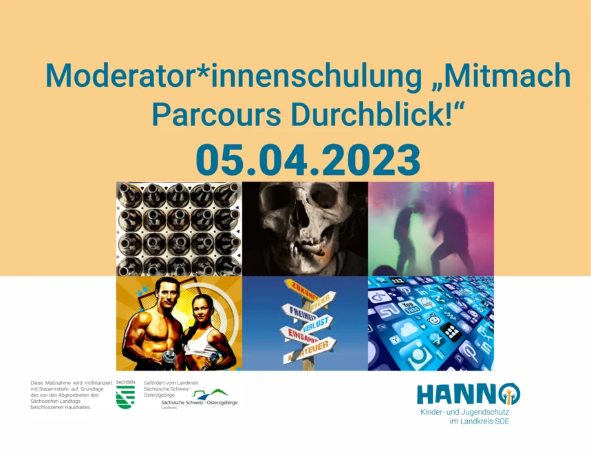 In der Mitte ist eine Collage aus sechs Bildern. Darüber steht "Moderator*innenschulung 'Mitmach Parcours Durchblick!' 05.04.2023".