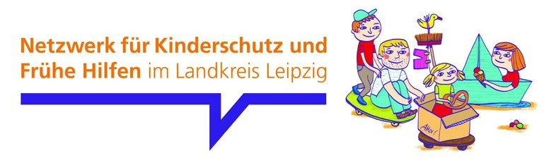 Links steht "Netzwerk für Kinderschutz und Frühe Hilfen im Landkreis Leipzig". Rechts ist eine Zeichnung von vier spielenden Personen.