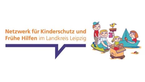 Links steht "Netzwerk für Kinderschutz und Frühe Hilfen im Landkreis Leipzig". Rechts ist eine Zeichnung von vier spielenden Personen.