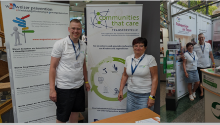 Eine Collage aus zwei Bildern. Auf beiden stehen ein Mann und eine Frau vor Bannern von "Communities that care" und "Prävention im Team".