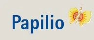 Auf grauem Hintergrund steht in blauer Schrift "Papilio". Rechts daneben ist ein gelber Schmetterling.