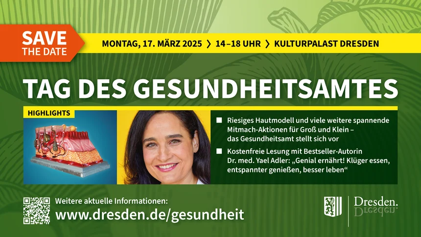 Plakat mit Informationen zur Veranstaltung auf grünem Hintergrund. Zu den Highlights der Veranstaltung sind jeweils ein Bild eines Hautmodells und ein Portraitbild von Dr. med. Yael Adler beigefügt.