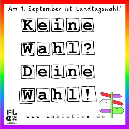 Ausschnitt des Plakats vom Flexiblen Jugendmanagement Landkreis Leipzig, bestehend aus schwarzem Text in einem bunt umrandeten Viereck.