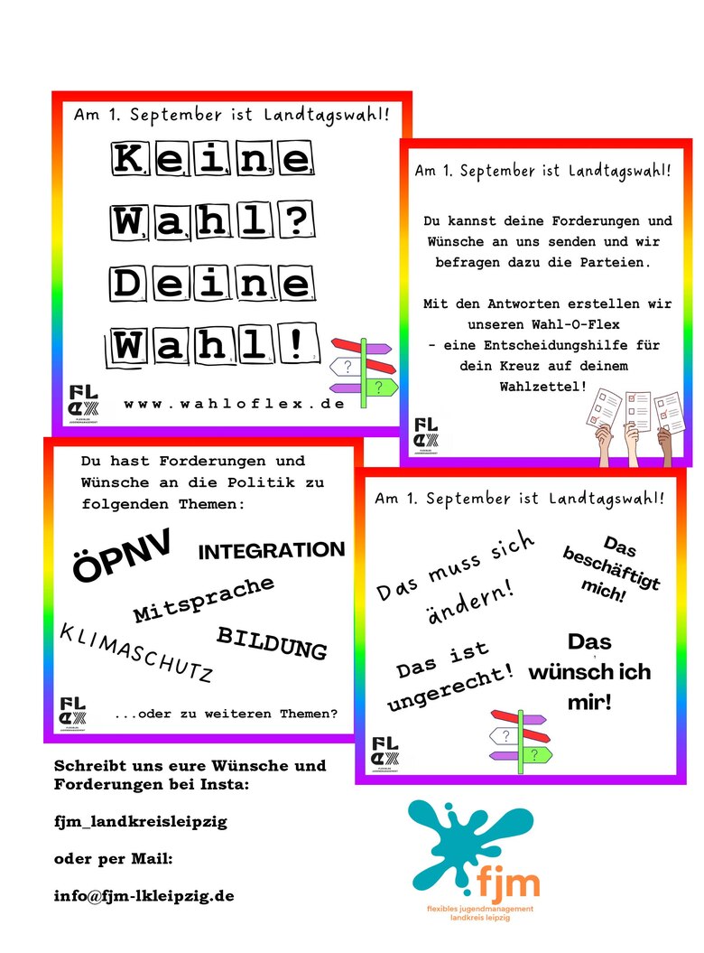 Plakat des flexiblen Jugendmanagements im Landkreis Leipzig, bestehend aus vier Vierecken mit bunter Umrandung und Text innen.
