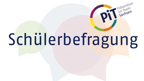Im Hintergrund sind übereinanderliegende bunte Sprechblasen. Im Vordergrund steht in der Mitte "Schülerbefragung". Oben rechts ist ein Kreis mit bunten Umrissen. An einer Stelle ist dieser unterbrochen und dort steht "PiT". Neben dem Kreis steht zudem "Pr