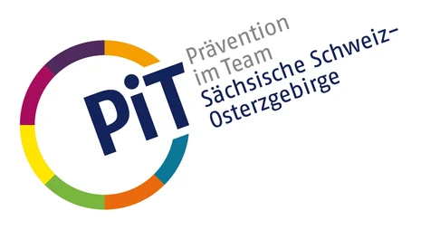 Links ist ein Kreis mit bunten Umrissen. An einer Stelle ist dieser unterbrochen und dort steht "PiT". Neben dem Kreis steht zudem "Prävention im Team" in grauer Schrift und darunter "Sächsische Schweiz-Osterzgebirge" in blauer Schrift.