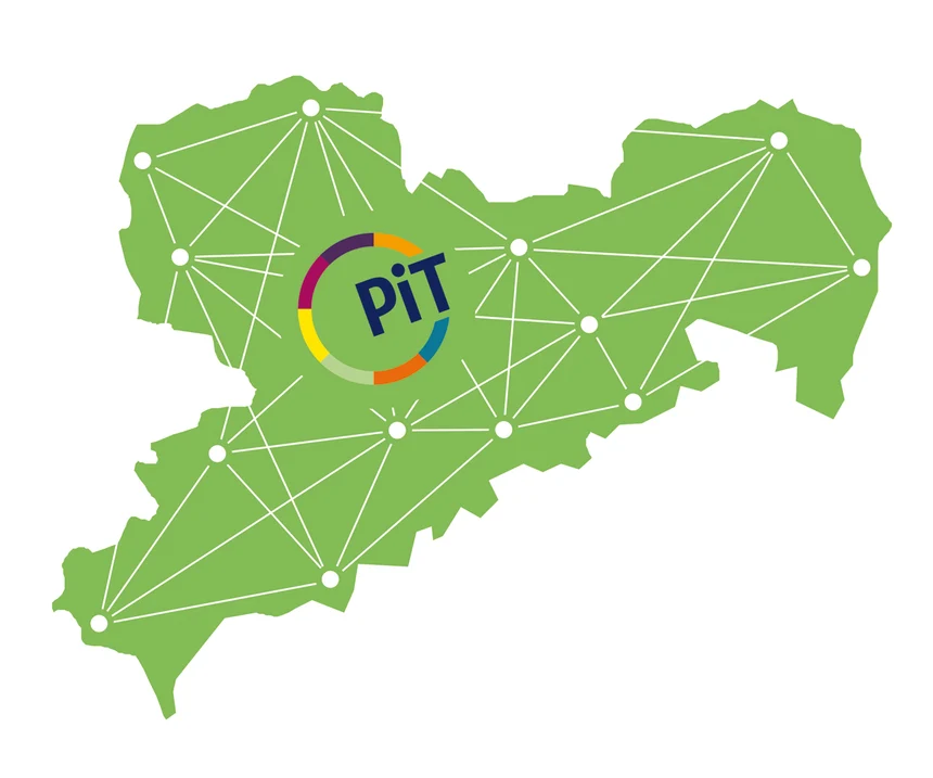 Auf einer grünen Karte von Sachsen sind viele weiße Punkte, die miteinander verbunden sind. Dazwischen ist das Logo von PiT. Das ist ein Kreis mit bunten Umrissen und einer Öffnung auf der rechten Seite, wo "PiT" steht.