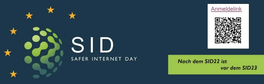 Logo vom Safer Internet Day. Dieses besteht aus grünen Punkten auf blauem Hintergrund, welche kreisförmig angeordnet sind. Drum herum sind gelbe Sterne angeordnet. Rechts ist ein QR-Code, welcher zur Anmeldung weiterleitet.