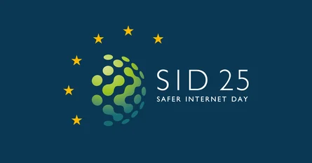 Logo vom Safer Internet Day 2025. Dieses besteht aus grünen Punkten auf blauem Hintergrund, welche kreisförmig angeordnet sind. Drum herum sind gelbe Sterne angeordnet.