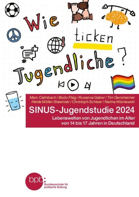 In der Mitte des Titelbildes steht in einem roten Kasten die Überschrift der Studie. Darüber, in der oberen Bildhälfte wurde handschriftlich "Wie ticken Jugendliche?" in bunten Buchstaben geschrieben. Daneben sind diverse Symbole.