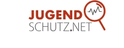 Logo von jugendschutz.net über zwei Zeilen in rot und schwarz; rechts daneben ist ein rotes Vergrößerungsglas