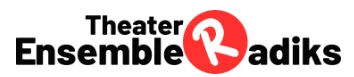 Logo des Theater-Ensemble Radiks, welches über zwei Zeilen in schwarzen Buchstaben geht. Der Anfangsbuchstabe von "Radiks" ist weiß in einem roten Kreis.